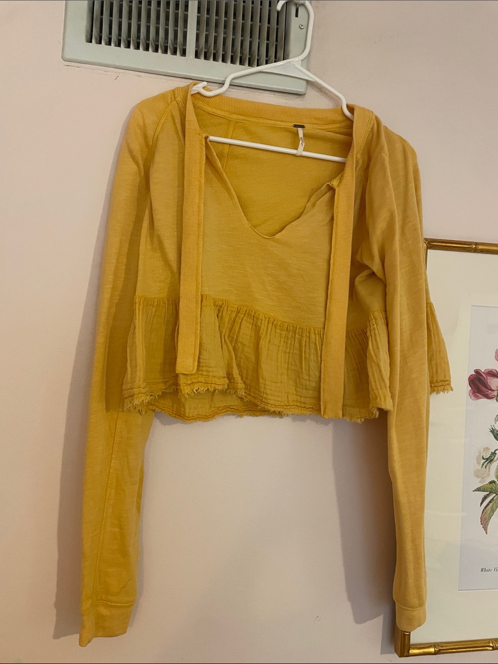 Free People Mustard Cropped Ruffle Hem Long Sleeve Top size small